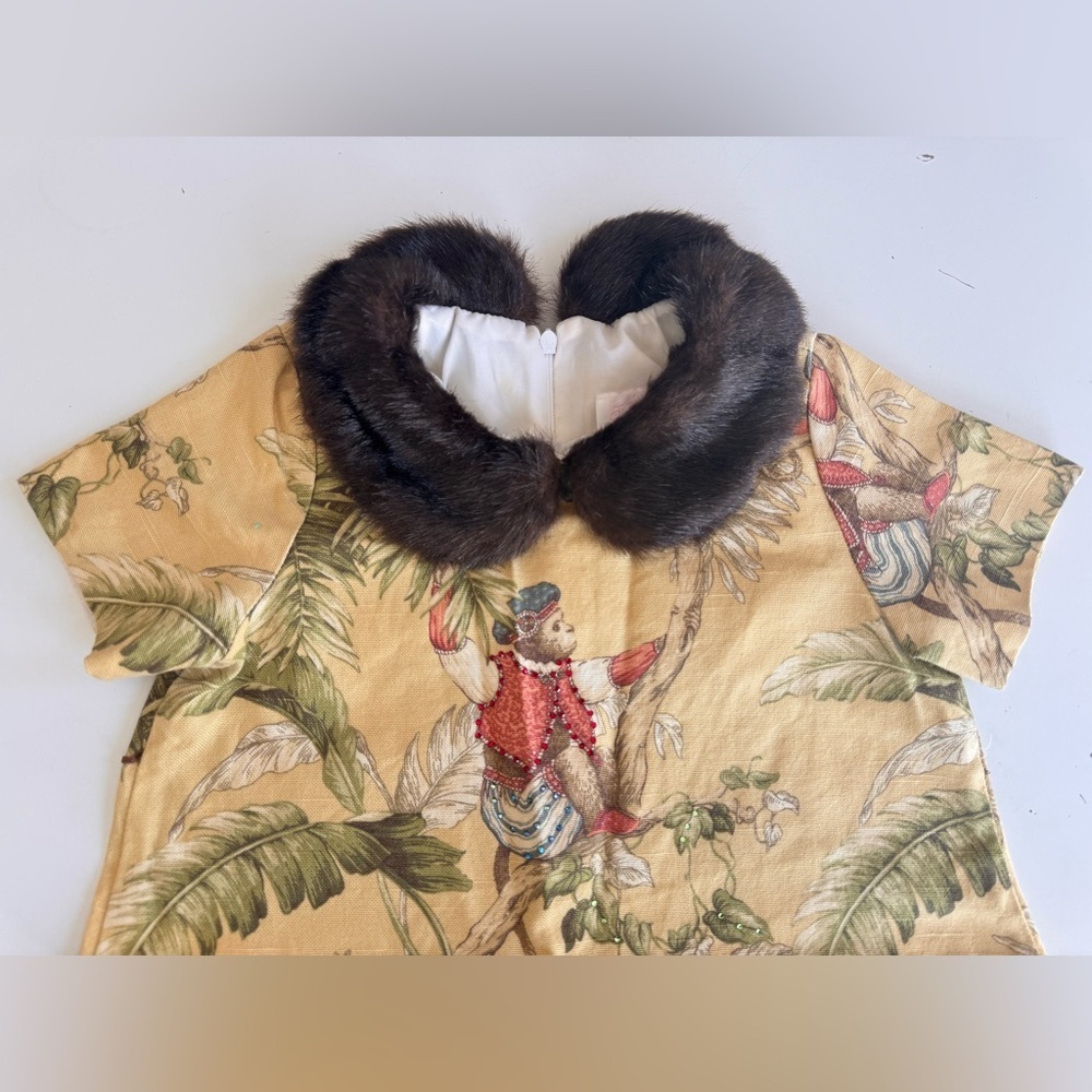 Vintage Trish Scully Monkey Palm Tree Faux Fur Collar Rhinestone Dress Girls 8 - Picture 2 of 11